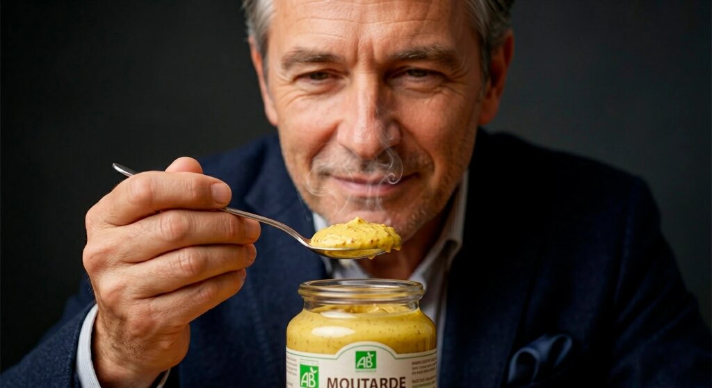 Un homme devant un pot de moutarde