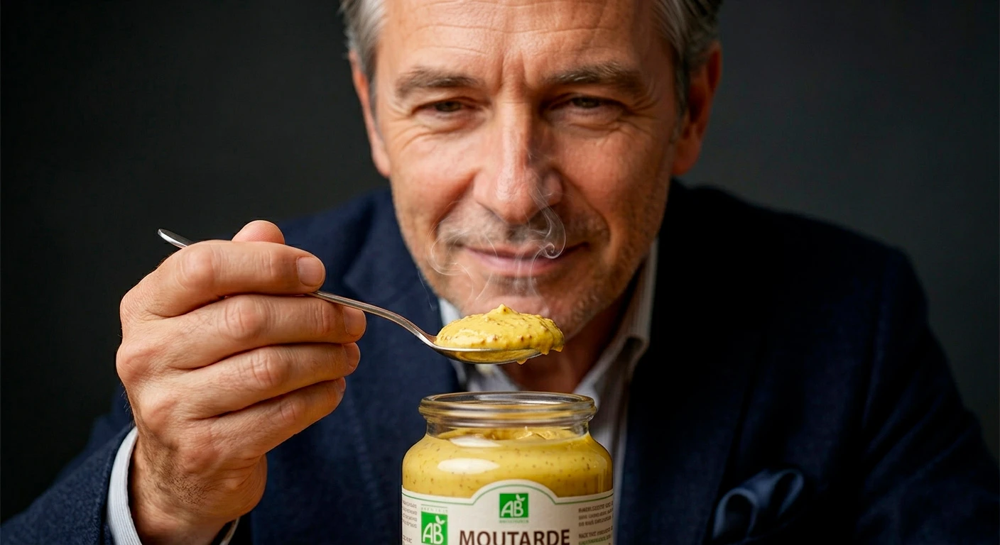 Un homme devant un pot de moutarde
